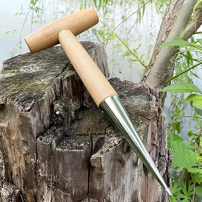 Stainless Steel Dibber Planter Tool for Planting Seeds & Bulbs - Comfortable Wood Carved Handle - for Consistent Planting Flowers Tulips, Daffodils, Dahlias(1 pcs)