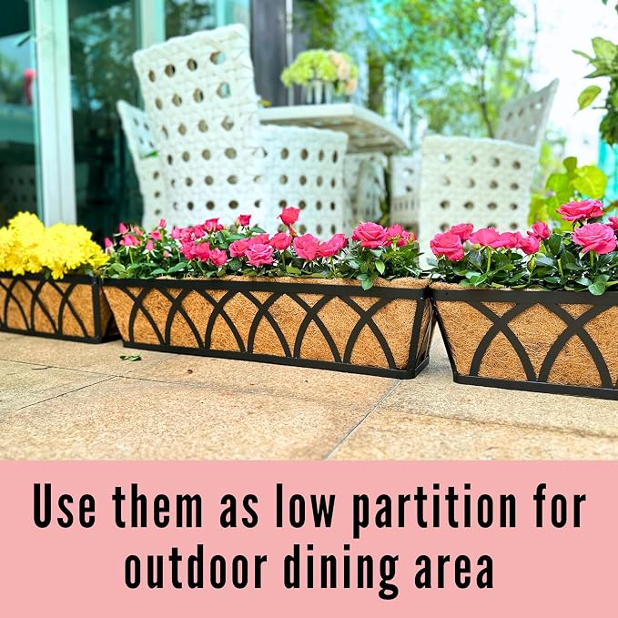 LaLaGreen Wall Planter (2 Pack, 24 Inch) Large Wall Hanging Planter Coco Liner Metal Iron Window Flower Boxes Outdoor Basket Box Attach House Outside Fence Rail Railing Plant Holder Deck Porch Balcony