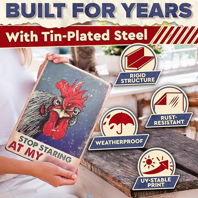 Chicken Coop Sign 8 x 12 Inches – Stop Staring at My Sign, Rooster Decor – Lightweight Durable Tin Metal, Fade-Resistant, Easy to Install, Indoor and Outdoor Use | Chicken Coop Accessories & Gifts