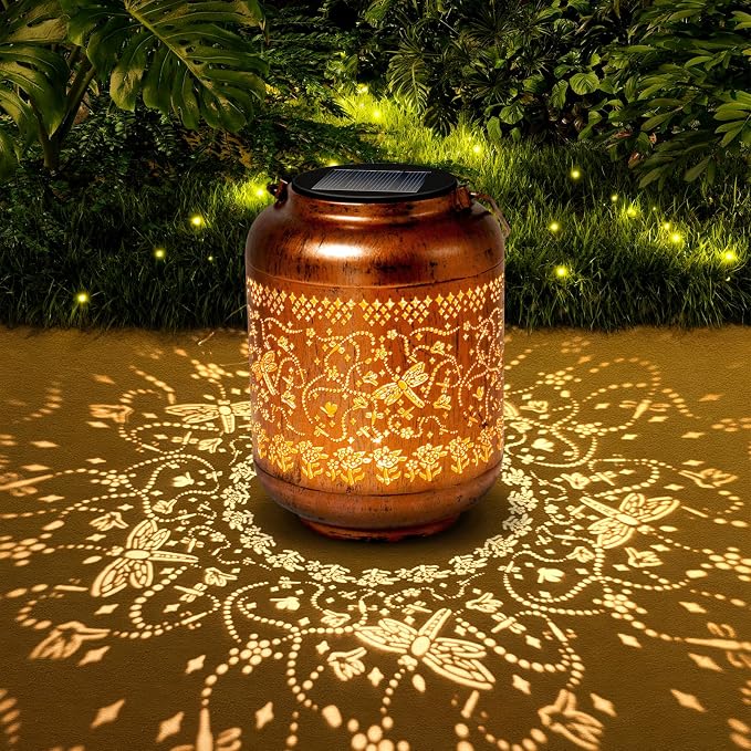 Dragonfly Solar Lanterns Outdoor Waterproof, Birthday Gifts for Women Mom Grandma - Copper Metal Hanging Solar Lights for Yard Garden Decor Dragonfly Gardening Gifts