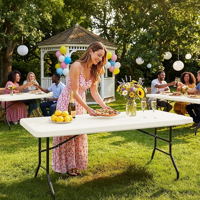 Fitted Tablecloth for 6 Foot Rectangle Tables-6 Pack Cream Elastic Outdoor Picnic Table Cover-Spandex Stretch Folding Table Cloths 6 ft for Camping Dining Room Patio Kitchen Banquet Party