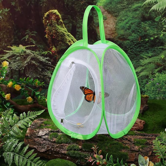 Toyvian Butterfly Habitat Mesh Cage, Portable Insect Observation House for Caterpillars Monarch Butterfly Enclosure with Carrying Handle for Outdoor Exploration, 14X8X7.5 Inches