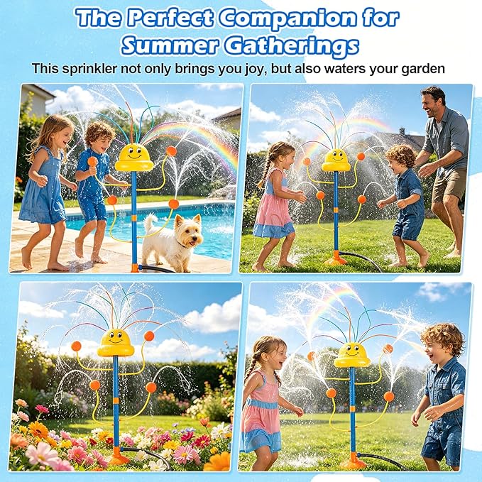 Water Sprinkler Outdoor Yard Toy for Kids, Summer Smile Face Rainbow Kids Sprinkler with 8 Wiggle Tubes 4 Nozzle, Water Sprinkler Outdoor Yard Lawn Toy for Kids for 3 4 5 6 7 8 Year Boy Girl
