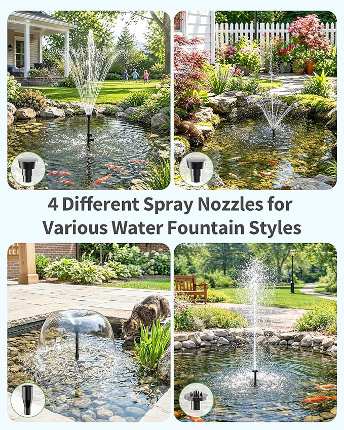 POPOSOAP 12W Solar Water Fountain Pump, 160GPH Submersible Solar Pump with 4 Nozzles & 16.4FT Cable, Dry Run Protection Solar Pond Pump for Bird Bath, Garden Pond, Fish Tank, DIY Water Feature-P112L