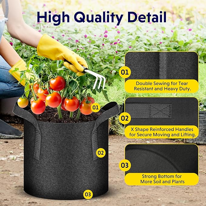 Simple Deluxe 5 Pack 10 Gallon Grow Bags, 300G Vegetable/Flower/Plant Fabric Pots with Handles, Heavy Duty Thickened Nonwoven Planting Bag with 5 Pcs Plant Labels