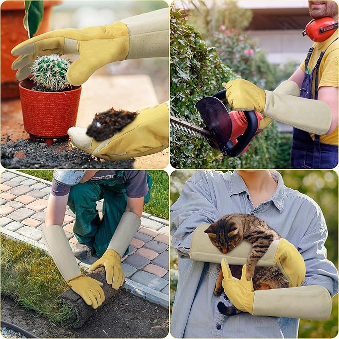 HANDLANDY Rose Pruning Gardening Gloves for Men Women, Thorn Proof Forearm Protection Leather Garden Gloves, Gardening Gifts for Gardeners (Vanilla, Large)