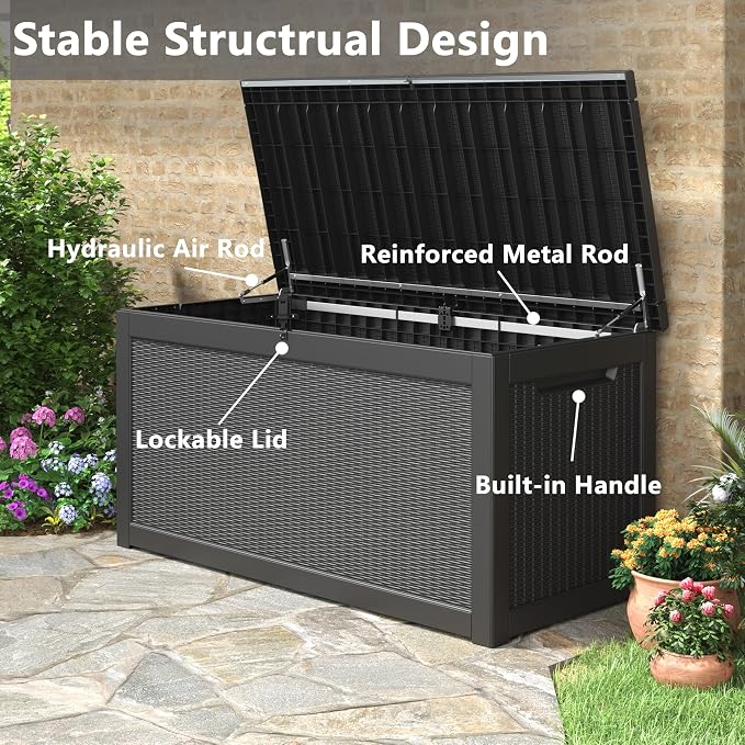 Outdoor Storage Box, 320 Gallon Resin Deck Boxes Outdoor Waterproof For Patio Furniture, Garden Tools, Pool Supplies, Lockable And UV Resistant (Rattan Black)