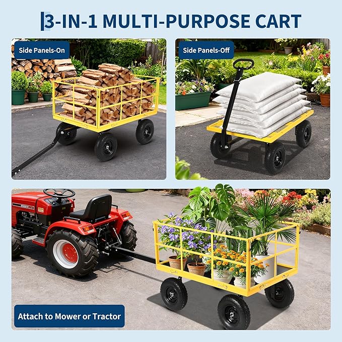 Garvee 1500 LB Garden Wagon Cart with 13 in All Terrain Tires, 3-in-1 Yard Wagon Cart with Removable Side Panels, Heavy Duty Outdoor Metal Utility Wagon Yard Trailer for Outdoor Lawn, Yard, Backyard