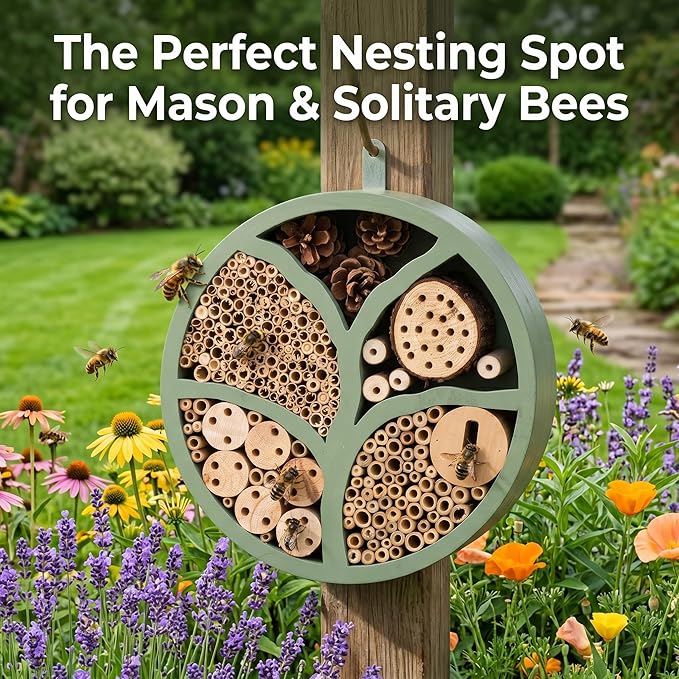 Topadorn Tree of Life Wooden Insect Hotel, 11.5" Multi-Habitat Bee House for Pollinators, Outdoor Garden Decor
