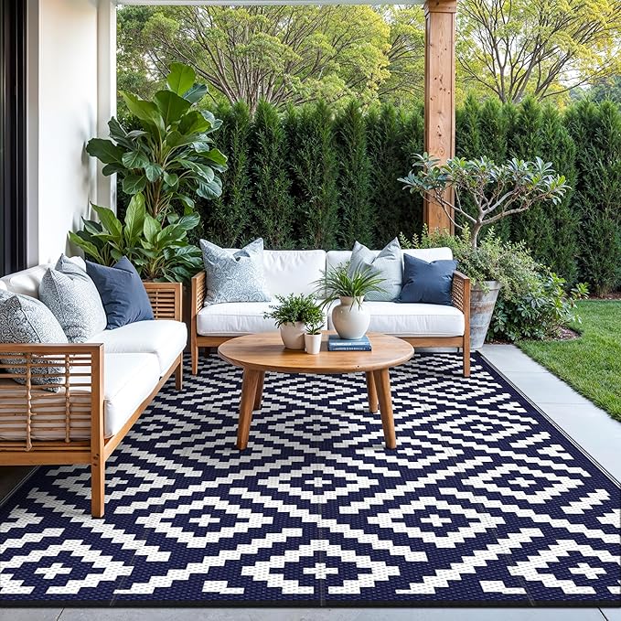 GENIMO 5'x8' Outdoor Rug Waterproof, Reversible Mats, Area Rug, Plastic Outside Carpet, Geometric Rv Mat for Patio Camping Picnic Backyard Deck Balcony Porch Beach Trailer (Navy Blue & White)