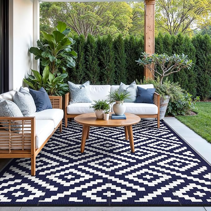 GENIMO Outdoor Rug for Patio Clearance,6'x9' Waterproof Mat,Reversible Plastic Camping Rugs,Rv,Deck,Porch,Camper,Balcony,Backyard (Navy Blue & White)