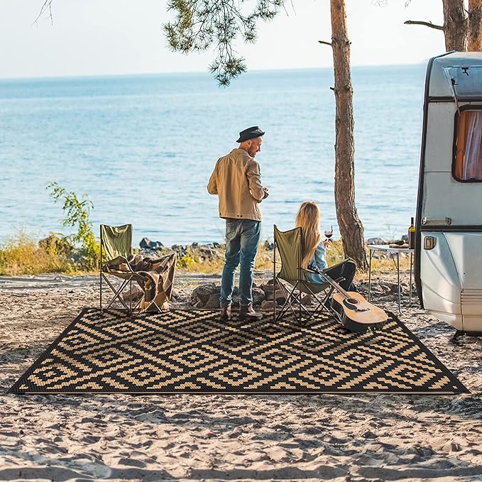 GENIMO Outdoor Rugs 8'x10' Waterproof, Reversible Mats, Area Plastic Straw Rug, Outside Carpet, Geometric Rv Mat for Patio Camping Rv Picnic Backyard Deck Balcony Porch Beach Trailer (Black & Brown)