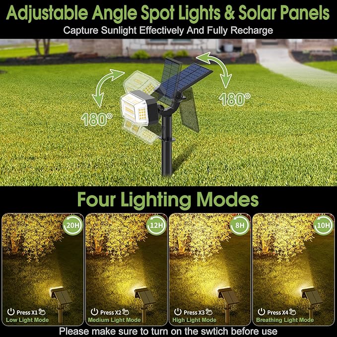WENATY Solar Spot Lights Outdoor, 102 LED Solar Garden Yard Spotlight Waterproof Landscape Flood Powered Lights with Adjustable Light & Panel, 4 Lighting Modes for Pathway Driveway, 4 Pack(Warm White)