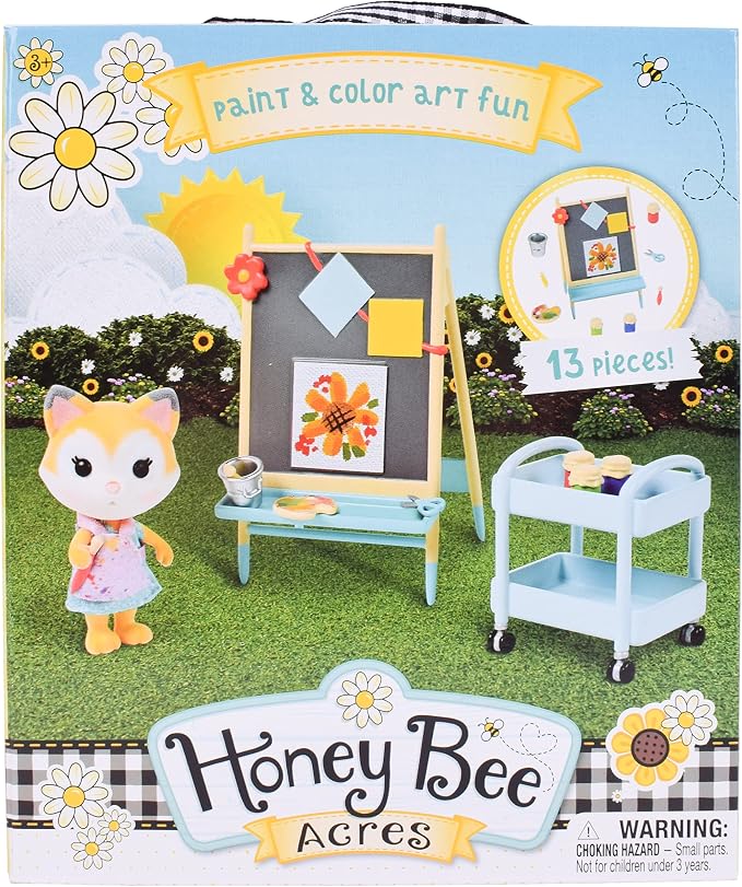 Sunny Days Entertainment Honey Bee Acres Paint & Color Art Fun – 13 Piece Dollhouse Playset with Exclusive Fox Figure | Pretend Play Toys for Kids