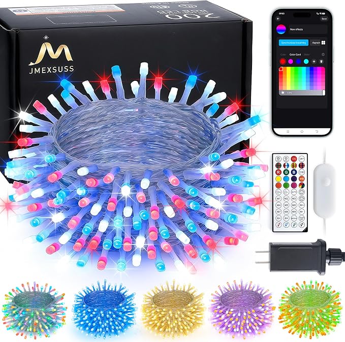 JMEXSUSS 200 LED RGB String Light 66ft for Outdoor Indoor 4th of July Decor, Color Change Christmas Lights Clear Wire Plug in for Bedroom Tree Room Party Birthday Independent Day Decorations