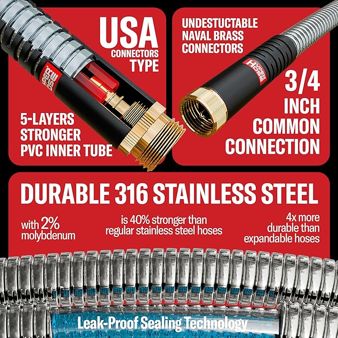 Best 150 ft Metal Garden Hose Set - No-Kink Durable 316 Stainless Steel, 10-Way Zync Spray Nozzle & Hook – Tough Flexible Heavy Duty Water Hoses, 5/8 in, Rust, Weather, LeakProof