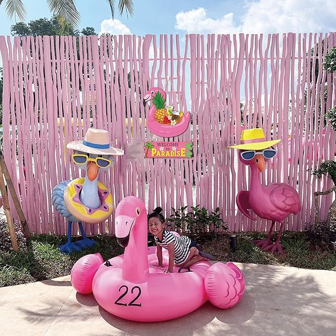 HOURIA Welcome to Paradise Door Sign(16”*11.4”), Pink Flamingo Hawaiian Summer Beach Wall Hanging Sign, Summer Coastal Tropical Fruit Coconut Tree Door Decor for Front Door Porch Pool Yard Beach Bar