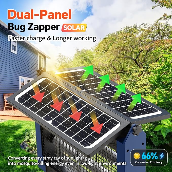 Solar Bug Zapper Outdoor, Dual Solar Panels, 4500V Waterproof Portable Mosquito Zappers, Cordless Fly Trap w/Auto Mode, Rechargeable Mosquitoes Insect Killer for Patio Yard Garden Camping (Blue)