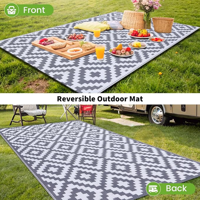 Smiry Waterproof Outdoor Rug 10X14 ft, Reversible Plastic Straw Patio Camping Rugs, Outdoor Indoor RV Mat Carpet for Patio, Outside Entry, Backyard, Deck, Bench, Picnic, Camper, White & Grey