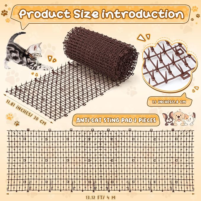 Sanwuta 2 Pcs 26.3 ft Cat Spike Mat Outdoor Cat Deterrent Mat with Spikes Prickle Strips Indoor Dog Digging Deterrent Anti Network Spikes with 10 Staples for Garden Fence(Brown)