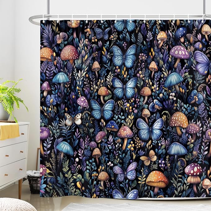 Boho Dark Mushroom Shower Curtain, Vintage Rustic Floral Butterfly Botanical Shower Curtain Purple Blue Black Farmhouse Bathroom Decor with Hook, Fairy Witchy Woodland Flowers Shower Curtain 72X72