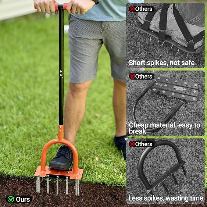 39in Lawn Aerator with 15 Industrial-Grade No.45 Steel Spikes Aerator Lawn Tool Manual Yard Aerator Grass Aerator Aeration Tool for Lawn, Yard, Garden, Compacted Soil