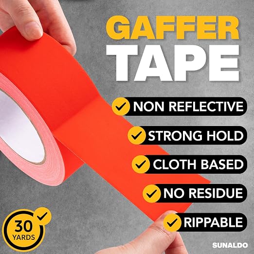 Gaffers Tape Heavy Duty, Easy to Rip, Residue-Free Professional Grade Floor Tape for Electrical Cords, Matte Finish Non Reflective, Weather Resistant (3, Red, 2" x 30 Yards)