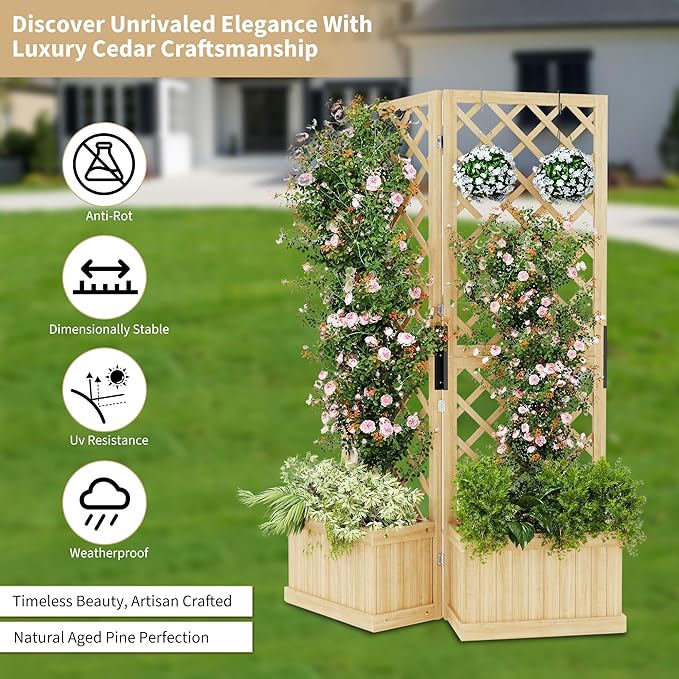 Cedar Privacy Screen with Planter Box - 2-Panel Freestanding Garden Fence, 41 in x10 in x65 in Tall Outdoor Divider with Drain Holes & Raised Bed for Patio, Deck & Backyard (Natural Wood)