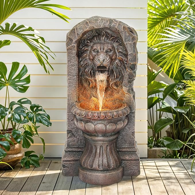 30" Lion Head Outdoor Water Fountain, Handcrafted Antique Stone Sculpture Garden Fountain, Warm LED-Lit Cascading Waterfall, Relaxing Fountains for Outside Garden Patio Yard Deck Floor Decor