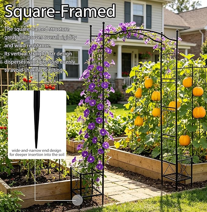 93" Garden Arched Arbor with Planters Outdoor Metal Garden Trellis Flat Top | Arch Trellises for Climbing Plants Vegetables Rose Vine Garden Archway for Backyard Patio Lawn Wedding Party Decoration
