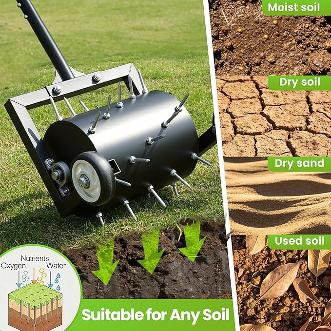 Rolling Lawn Aerator, Heavy Duty Spike Aerator Tool for Lawn & Yard, Manual Push Soil Aerator with Wheels for Garden Lawn Care, Grass Root Growth & Soil Aeration