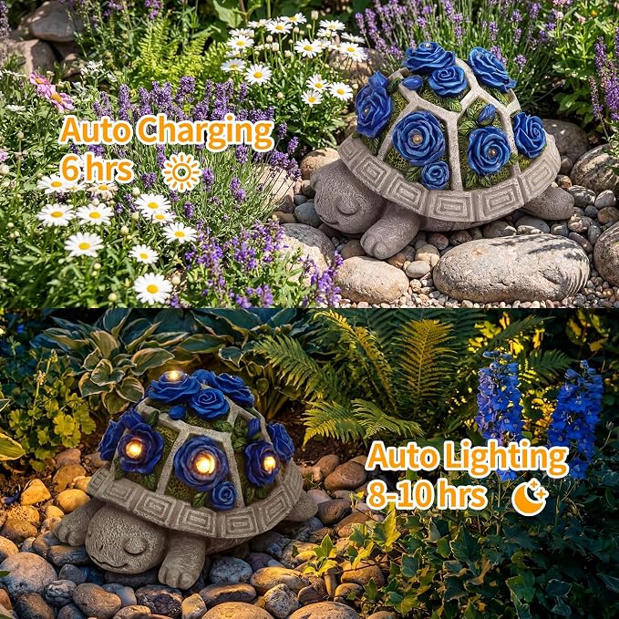 Solar Garden Outdoor Decor Turtle Statue with Dark Blue Roses & 7 LED Lights – Outside Tortoise Decor for Yard Patio Balcony & Backyard - Home House Decoration Art - Gift for Men Dad Women Mom