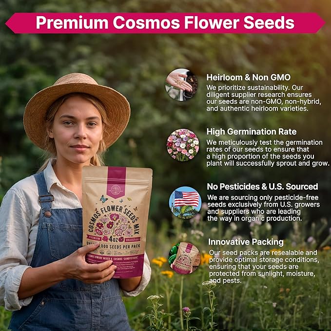 Cosmos Flower Seeds Pack 4 oz - 18,000 Non-GMO Heirloom Annual Seeds for Planting Indoor & Outdoor Gardening, Flower Seed for Garden in Resealable Packet, Floral Mix for Pollinators Perennial Mix