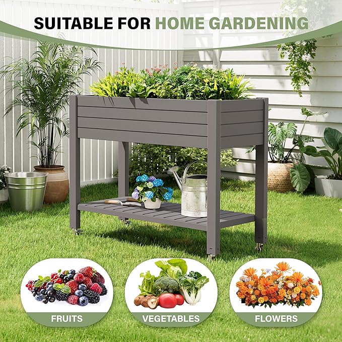 33.7" Tall Raised Garden Bed with Wheels, Divisible Plastic Planter Box with Drainage Gauge & Storage Shelf, Herb Garden Planter for Garden Patio Backyard, Gray (33.7" h)