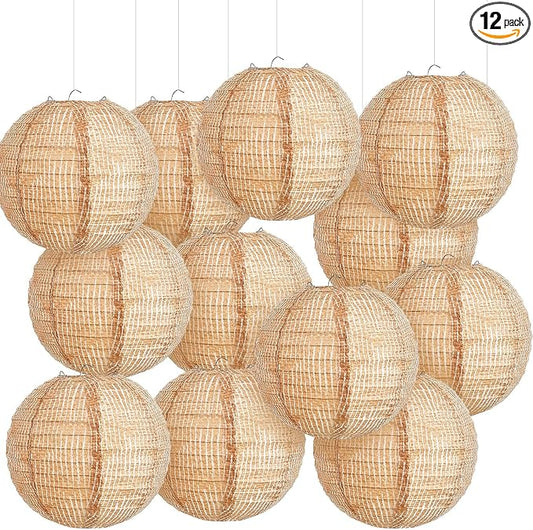 Hortsun 12 Pcs Print Burlap Paper Lanterns Round Chinese Paper Lanterns Farmhouse Boho Classroom Home Decor Classroom Sweet Birthday Party Ceremonial Event (12 Inch)