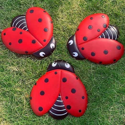Set of 3 Ladybug Stepping Stones Outdoor, Garden Decorations for Patio Pathway Walkway, Decorative Stone Yard Decor for Flower Beds & Door Garden