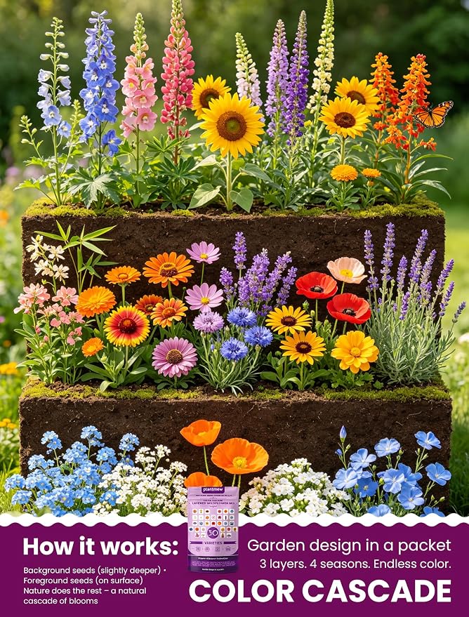 Wild Flower Seeds Throw and Grow, Wildflower Seeds Perennial Flower Seeds to Plant Outside – Color Cascade 30 Heirloom Varieties Mix, 157,500+ Seeds (1LB) Covers 1350-1680 sq.ft., High Germination