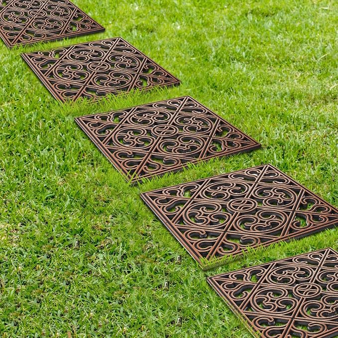 Pangda 8 Pcs Rubber Stepping Stones Outdoor Garden Walkway, 12 x 12 Inch Heavy Duty Pathway Pavers Retro Decorative Stepping Stones for Outside Landscaping Yard Lawn Path(Copper,Cross Square)