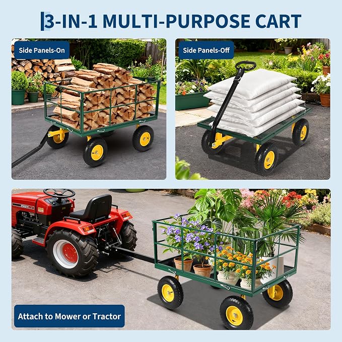 Garvee 1500 LB Garden Wagon Cart with 13 in All Terrain Tires, 3-in-1 Yard Wagon Cart with Removable Side Panels, Heavy Duty Outdoor Metal Utility Wagon Yard Trailer for Outdoor Lawn, Yard, Backyard
