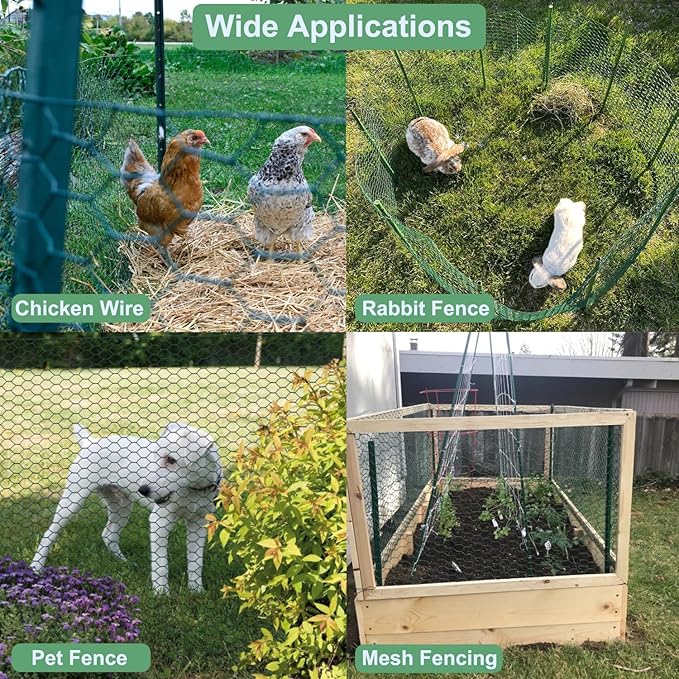 Mklsit Chicken Wire 15.7 x 315 Inches Chicken Wire Fencing Mesh Green PVC Coated Floral Chicken Wire for Crafts Poultry Garden, Hexagonal Galvanized Chicken Coop Rabbit Wire Fencing Netting
