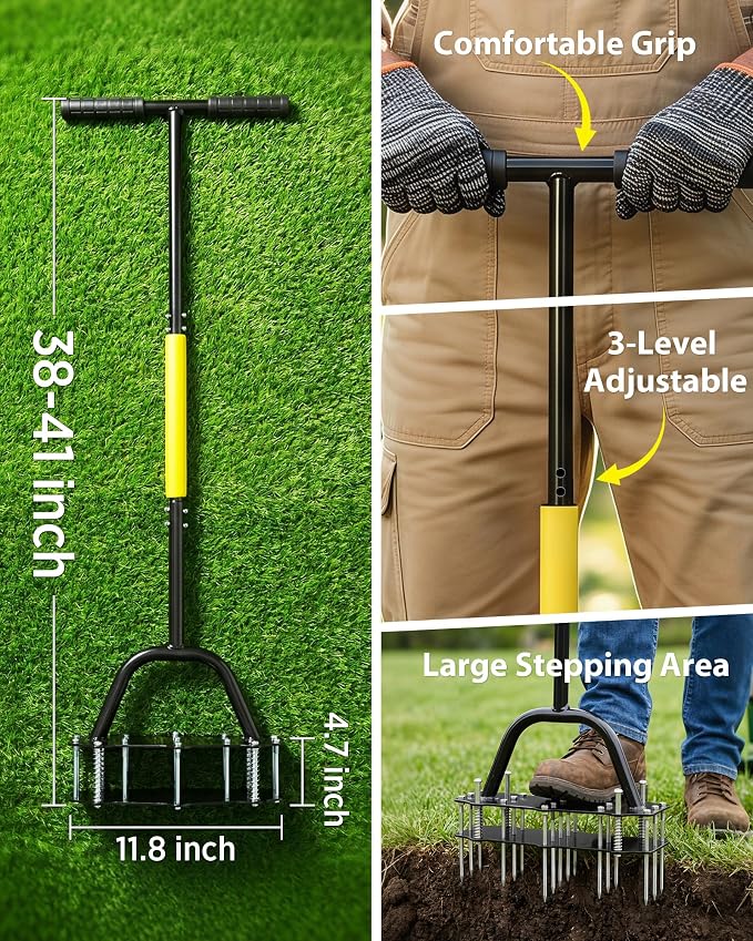 Manual Lawn Aerator with Double-Layer Spring, Heavy Duty Garden Soil Loosener Tool, Spike Aeration Tool with T-Handle and Large Foot Plate for Lawn, Yard, Garden Soil