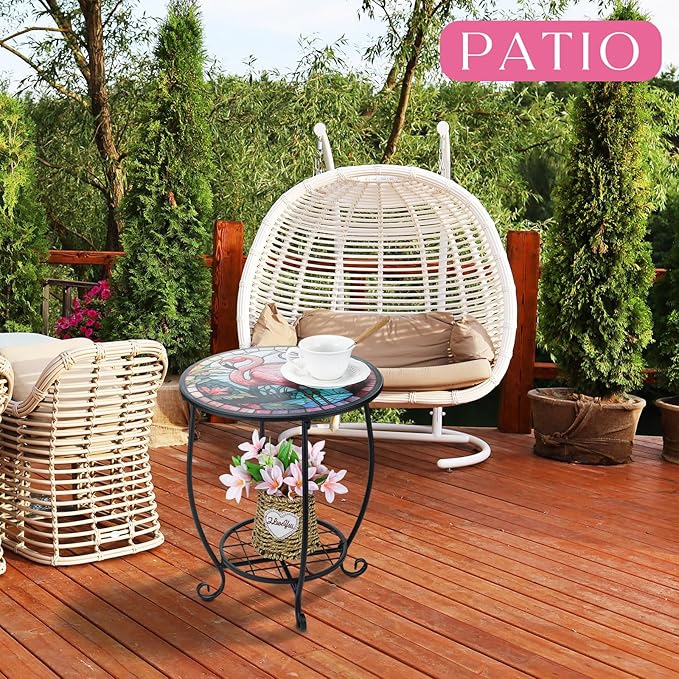 Cinnvoice Outdoor Side Table Round Small Mosaic Patio Accent Indoor End Plant Coffee Tea Table for Yard Patio Porch Garden Living Room, Bedroom(Flamingo Style,12 Inch)