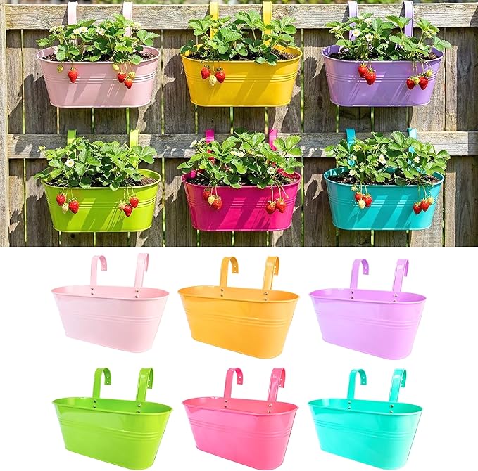 LaLaGreen Rail Planter Outdoor Plants (6 Pack, 11.8 Inch) Colorful Metal Iron Strawberry Hanging Flower Pots Deck Railing Fence Buckets Modern Wall Mount Window Box Plant Holder Hooks Porch Home Decor