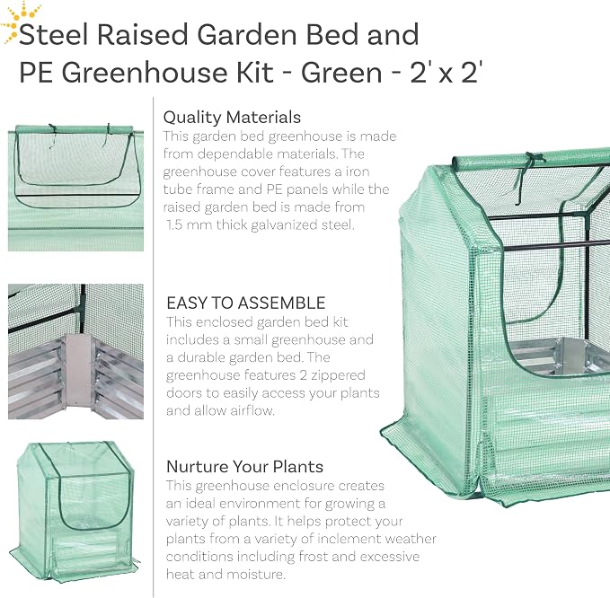 Sunnydaze Steel Raised Garden Bed with Mini Greenhouse - Outdoor Greenhouse Kit - 2 Zippered Doors - 2' x 2' - Green