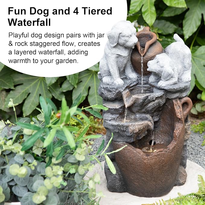 Glitzhome Water Fountain Outdoor, Outdoor Fountain with Lights & Pump, 23.5" H 4-Tiered Dogs and Pot Polyresin Cascading Waterfall Floor Standing Water Feature for Garden, Patio, Yard, Deck