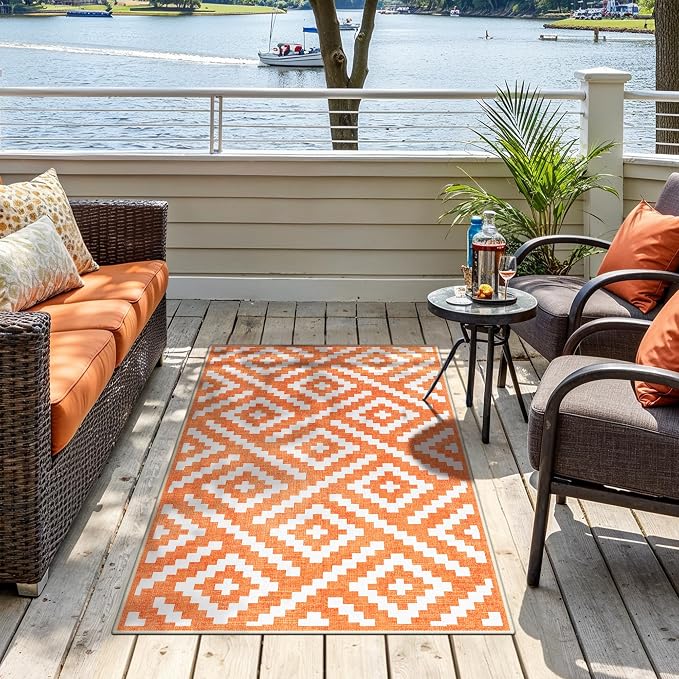 GENIMO Outdoor Rug for Patio Clearance, 3'x5' Indoor Area Rug, Waterproof Reversible Fall Doormat, Outside Camping Carpet for Porch, Living Room, Balcony, Deck, Bedroom, Picnic, White Orange