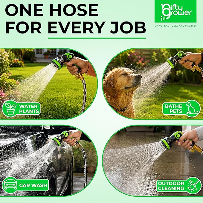 50 FT Garden Hose Stainless Steel Heavy Duty with Spray Nozzle, Lightweight and No-Kink Flexible Water Hose 50 FT with 3/4" Solid Brass Fittings, Metal Waterhose for Outside 50FT, Manguera para Jardin