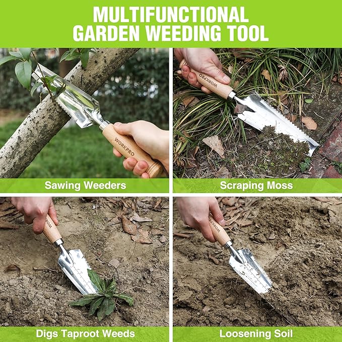 WORKPRO Garden Trowel with Wood Handle, Stainless Steel Narrow Hand Shovel, Multi-Use Flat Garden Trowel for Planting, Weeding, Transplanting, Digging, Small Weeding knife for Gardening