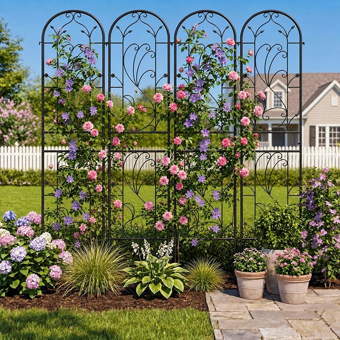 2 Pack 87x20in Garden Trellises, Sunflower Black Metal Coated Rustproof Trellis for Climbing Plants Outdoor, Roses, Vegetables, Vines, Cucumbers