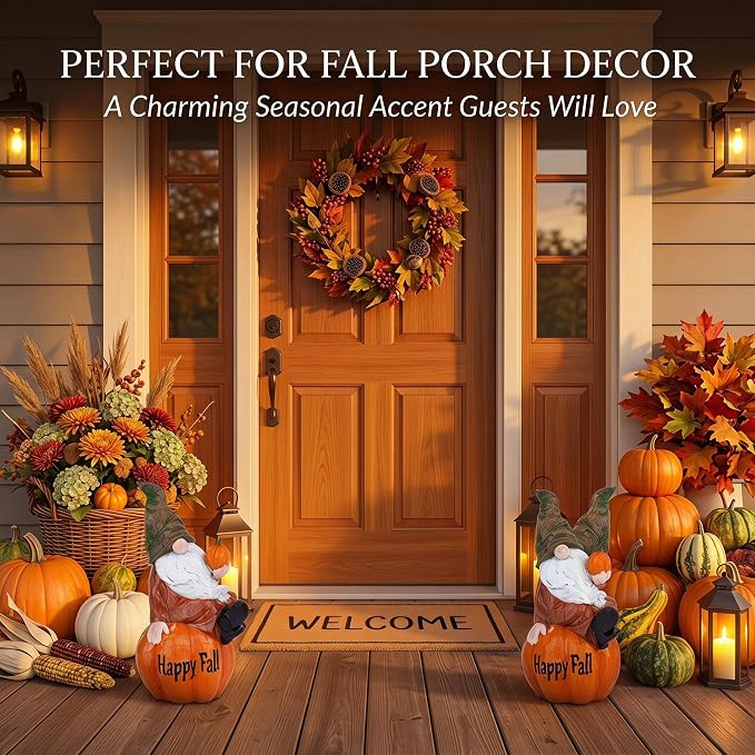 Topadorn Fall Garden Gnome Figurine Sitting on Pumpkin Statue Autumn Harvest Garden Gnomes Statue Figurine for Patio Yard Lawn Porch Decoration, Happy Fall